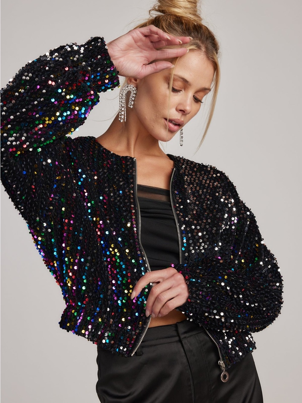 12th Tribe Black Sequin Bomber Jacket with Multicolor Iridescent Accents